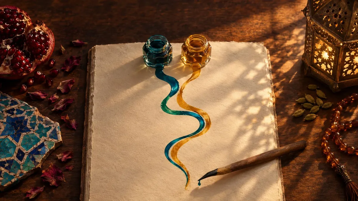Teal and amber ink running side by side down one sheet of parchment, beside a lantern, a pomegranate and a mosaic tile