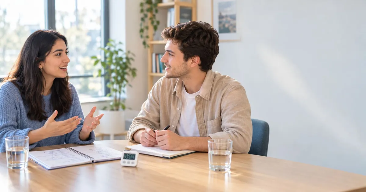 Two learners practising a German conversation at a table, with notebooks and a three-minute timer