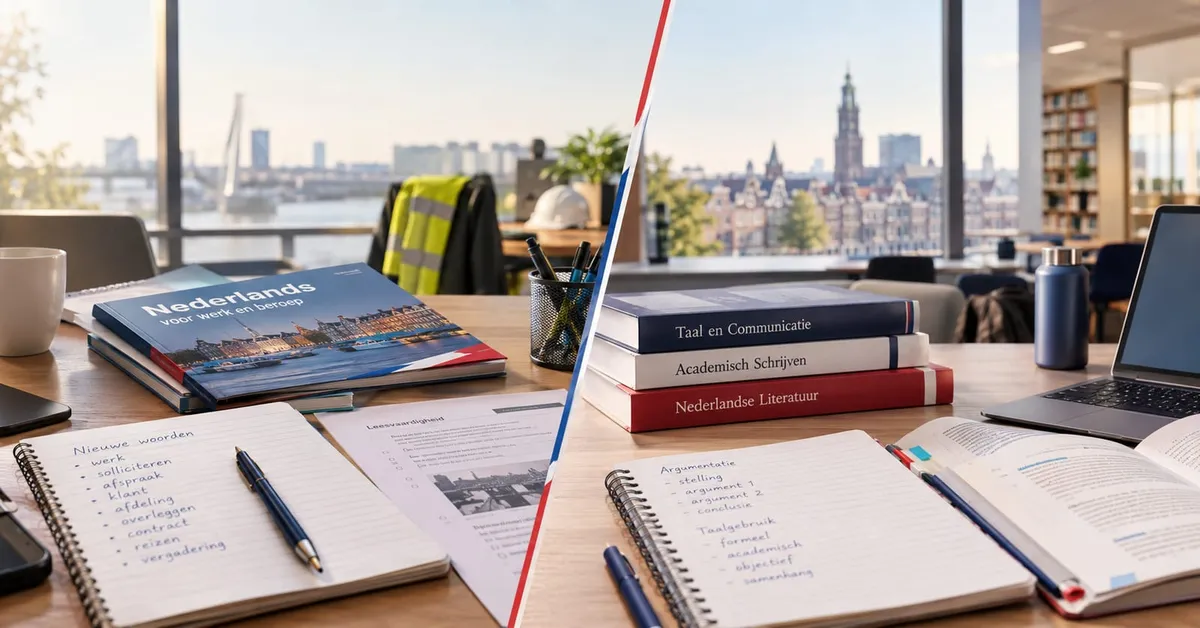 A desk split between vocational Dutch study materials on the left and academic Dutch textbooks on the right